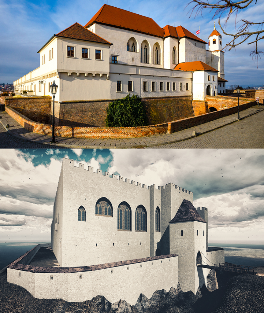 PETR VAVREČKA, ALEŠ NAVRÁTIL. Comparison of Špilberk today and in the 14th century. View of the eastern wing. 2017. (Brno City Museum).